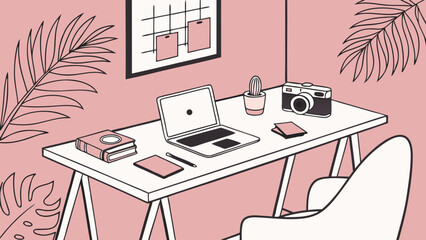 Stylish workspace illustration with laptop camera and plants.