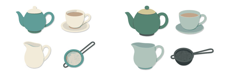 Stylized kitchenware collection featuring teapots, coffee cups, milk pitchers, and tea strainers