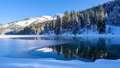 Frozen lake reflecting snowy mountains