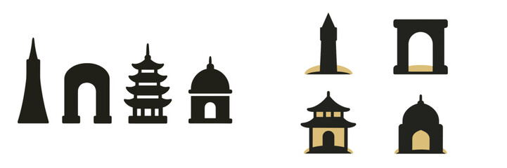 Diverse collection of iconic architectural landmarks and travel destination silhouettes with golden accents