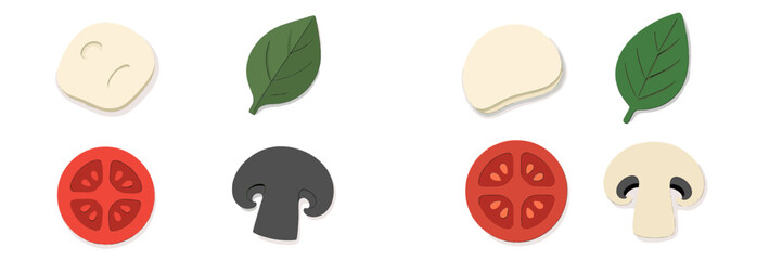 Fresh pizza ingredients set featuring mozzarella cheese, green spinach, red tomato, and mushroom slices