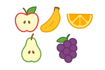 Diverse group of popular fruits including a red apple, yellow banana, orange slice, green pear, and purple grapes