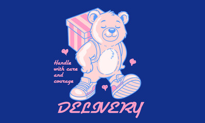 Cute teddy bear illustration of a teddy bear delivery character. Whimsical artwork with Handle with care quote for t shirt print, logo