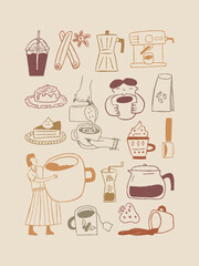 Cute vector illustration set of coffee and pastry doodles. Hand drawn cafe collection with espresso, cake, tea. Retro coffee shop icons for menu or sticker design.
