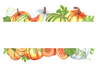 Two seamless borders with autumn orange, green and white pumpkins and leaves. Bright fall decorative element. Thanksgiving. Hand-drawn watercolor illustration for greeting card, poster, invitation