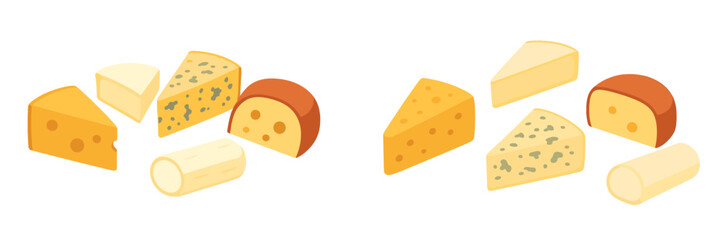 Various cheese types including cheddar, blue cheese, brie, and goat cheese wedges and blocks on a white background