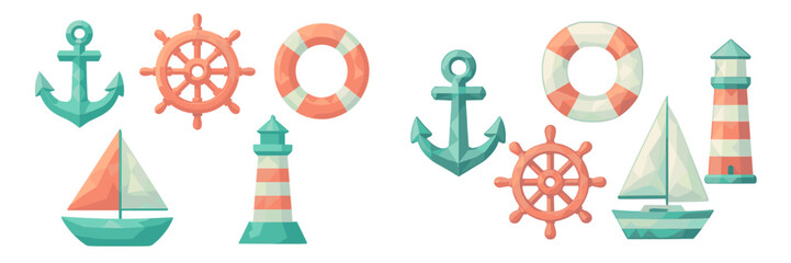 Low poly nautical elements featuring anchors, ship wheels, lifebuoys, sailboats, and lighthouses on white © icon_art
