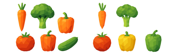 Collection of vibrant low poly fresh vegetables including carrots broccoli bell peppers tomatoes and cucumber