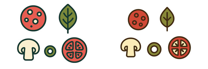 Assortment of fresh pizza ingredients and toppings set including pepperoni, mushroom, tomato, basil, and olive icons for cooking