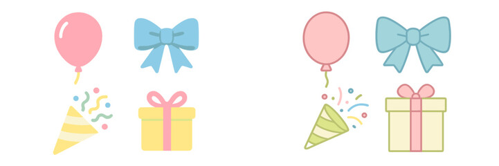 Collection of festive celebration elements including balloons, gift boxes, decorative bows, and confetti poppers