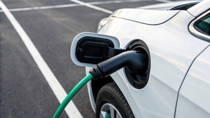 A white electric car is plugged into a charging station, showcasing the transition to eco-friendly transportation.