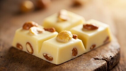White delicious chocolate piece with hazelnut on board