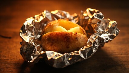 hot baked potato in foil on wooden board