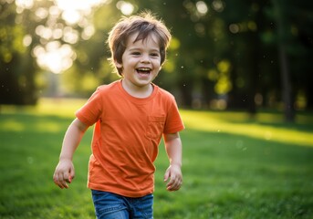 Obraz premium Smiling Boy Running on Green Grass in Park Generated image