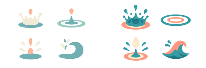 Dynamic collection of abstract water splash, drop, and ripple elements in a modern graphic style for various designs