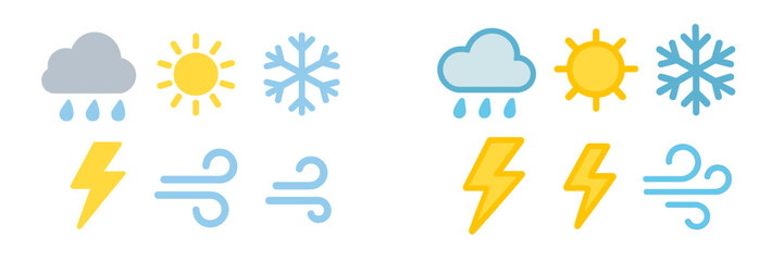 Diverse weather forecast symbols for sun, rain, snow, wind, and lightning conditions across various climates