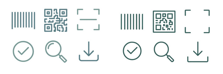 Collection of modern digital interface symbols featuring barcode, QR code, scanner, checkmark, search, and download functions