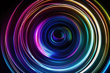 Vibrant concentric circles of light radiate outwards from a dark center, creating a mesmerizing swirling effect with varying colors and thicknesses