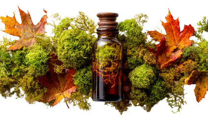 Aromatic oil bottle with moss and autumn leaves isolated on transparent background, embodying natural wellness and aromatherapy