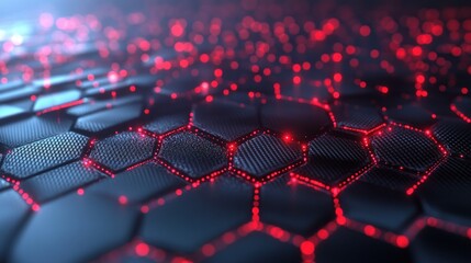 Abstract dark hexagonal grid with red glowing nodes.