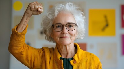 Senior woman with silver hair and glasses wearing yellow cardigan raising fist in empowered victory gesture against bright office background, expressing joy and achievement.