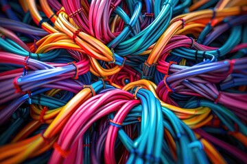 A vibrant, abstract close-up of intertwined colorful cables, bound together with small black fasteners, creating a complex and visually captivating pattern