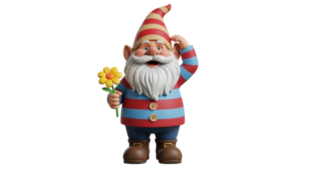 Isolated cheerful garden gnome holding a flower and wearing a striped hat and shirt