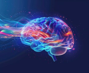 Fototapeta premium An ethereal, translucent brain rendered in vibrant blues and oranges, with streaks of light suggesting energy or thought flowing from it against a dark blue background sprinkled with glowing particles