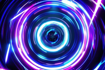 Abstract concentric circles of vibrant neon blue, purple, and white light, creating a dynamic, swirling energy effect. The central area shows a dark, blurred core