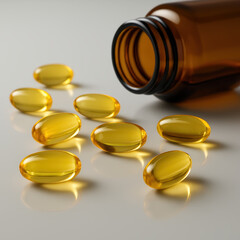 Essential Pills: Close-up of a scattering transparent soft gel capsules alongside an open brown bottle, ready to dispense essential medication. 