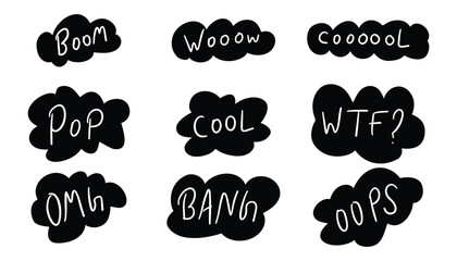 Hand drawn set of dialog speech bubble with text. speech bubbles in comic text. hand drawn comic text doodle style. cool, omg, ban, boom, woow, oops