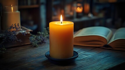 Glowing yellow candle on dark wooden table with open book in background creates cozy atmospheric scene for relaxation and mindful reading moments.