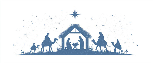 Silhouette of nativity scene with three wise men and bright star above