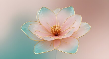 Fototapeta premium An abstract flower with pastel petals and golden outlines unfolds gracefully, blending pink, peach, and teal shades, symbolizing elegance, harmony, and modern artistic beauty.