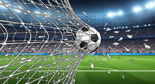 Action Illustration of Soccer Ball Ripping Through Net with Dynamic Energy Vector