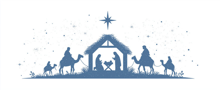 Silhouette of nativity scene with three wise men and bright star above