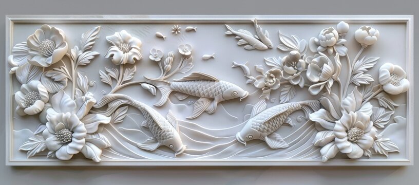 3D carved relief wall, with flowers and carp swimming in the water, simple background, white stone carving