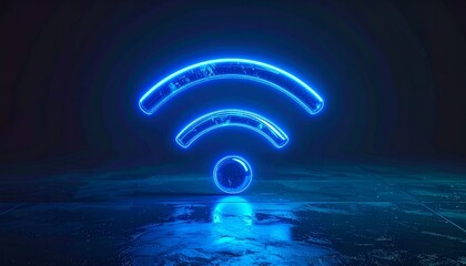 Futuristic glowing blue neon WiFi symbol floating in dark gradient background, cinematic lighting, high-tech digital internet concept.