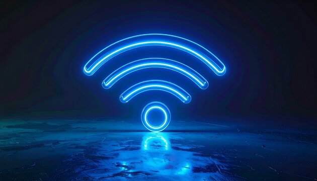 Futuristic glowing blue neon WiFi symbol floating in dark gradient background, cinematic lighting, high-tech digital internet concept.