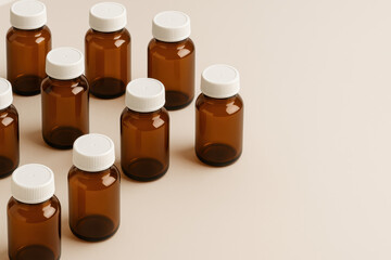 Pharmaceutical Jars: A neatly arranged collection of amber glass jars, each sealed with a white cap, hinting at the potential of medicine.