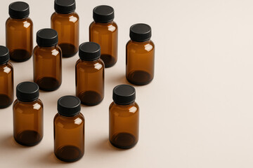 Amber Glass Bottles Display: A collection of amber glass bottles, each meticulously arranged, ready for a pharmaceutical, cosmetic, or scientific application. This image evokes feelings of precision.