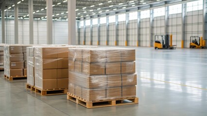 A spacious warehouse featuring stacked, wrapped pallets of cardboard boxes and forklifts in the background, showcasing an organized storage environment.