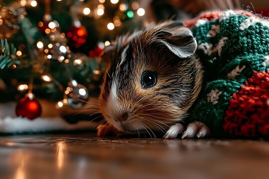 Adorable brown guinea pig peeking from under festive Christmas sweater with decorated tree and bokeh lights in background, creating cozy holiday atmosphere.