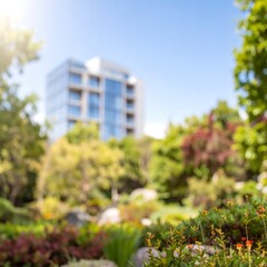 Blurry cityscape, modern building, lush garden