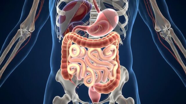 3D human digestive system, anatomy, medical, torso, blue background