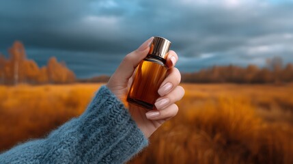 A person holds a fragrance bottle in a scenic, autumn landscape with golden grass and a dramatic sky.