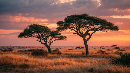 Two acacia trees stand against vibrant sunset sky on the African savanna. Illustrates adventure, wilderness, travel. Perfect for marketing, editorial use.