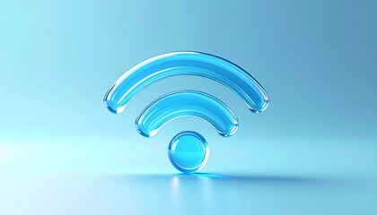 Photorealistic shiny glass WiFi icon glowing softly on pastel blue background, clean 3D technology concept for stock photo style.