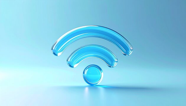 Photorealistic shiny glass WiFi icon glowing softly on pastel blue background, clean 3D technology concept for stock photo style.