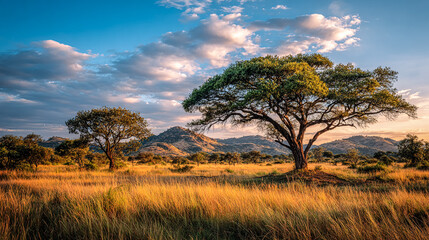 Obraz premium African savanna shimmers during sunset. Trees, grasslands, and distant mountains create a serene landscape. Ideal for travel marketing, editorial, or design projects.